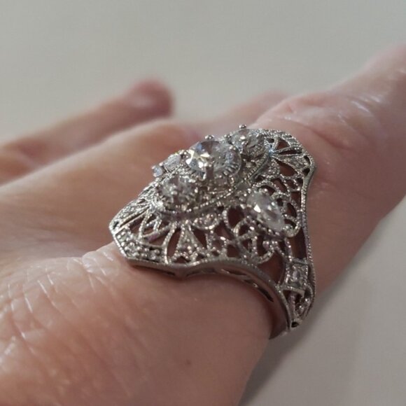Retro 1920's Vintage Style Filigree 925 Anniversary Ring Unique Long Ring - Picture 3 of 7